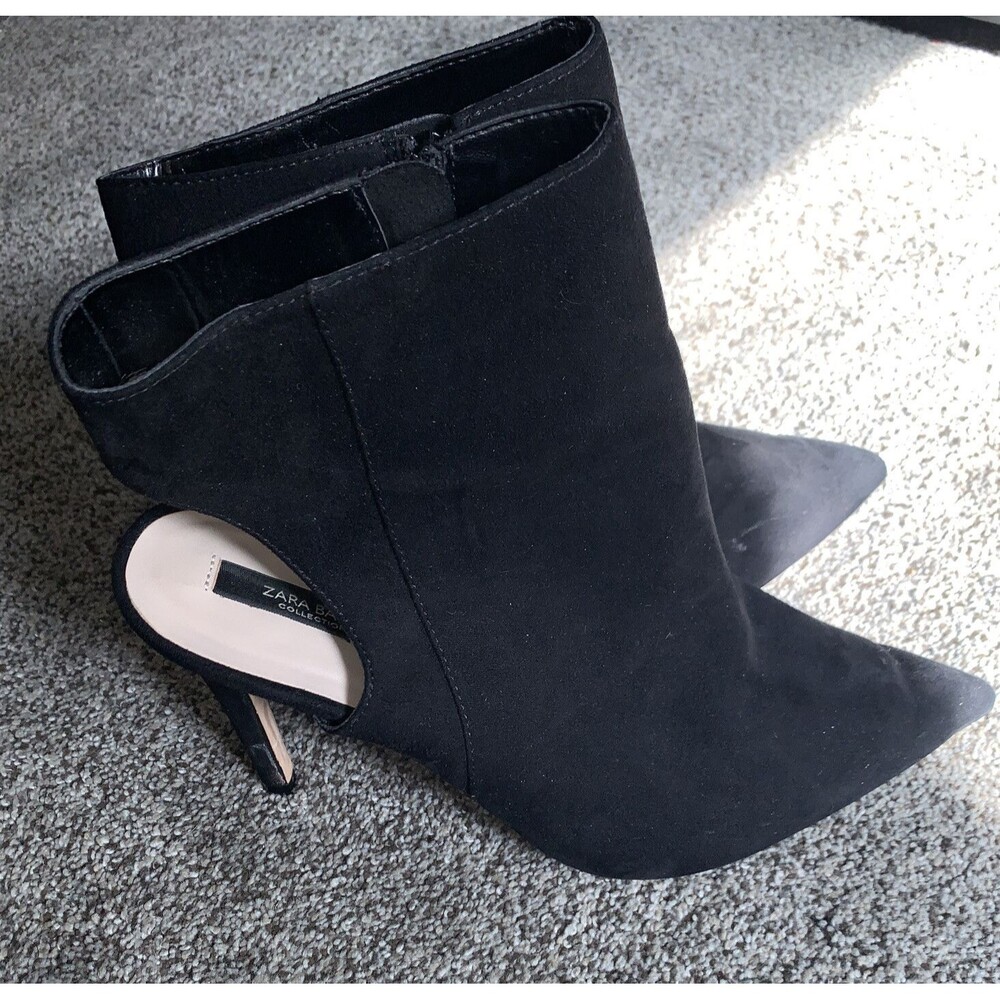 Zara Black Suede Pointed Toe Open Back Booties Boots Heels Size 41 10